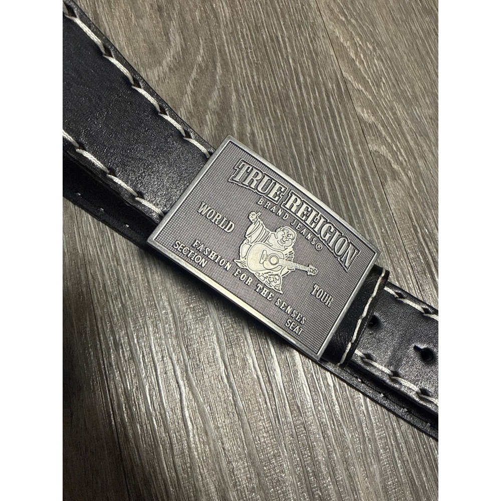 True Religion Mens Black Leather Belt White Contrast Stitch Buddha Buckle Sz 36